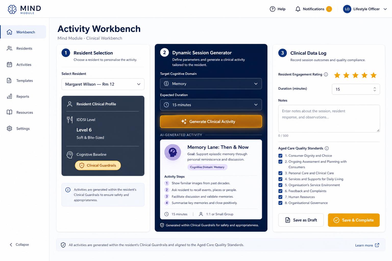 Activity Workbench preview — resident selection, AI session generator, and clinical data log