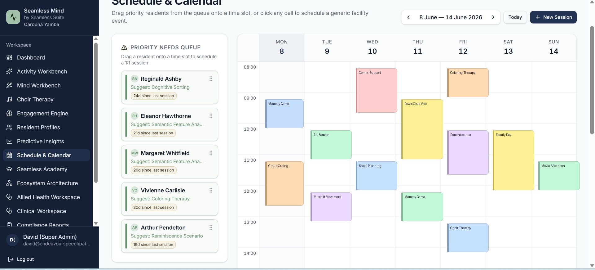 Schedule and Calendar preview — drag residents from the priority queue straight onto the week