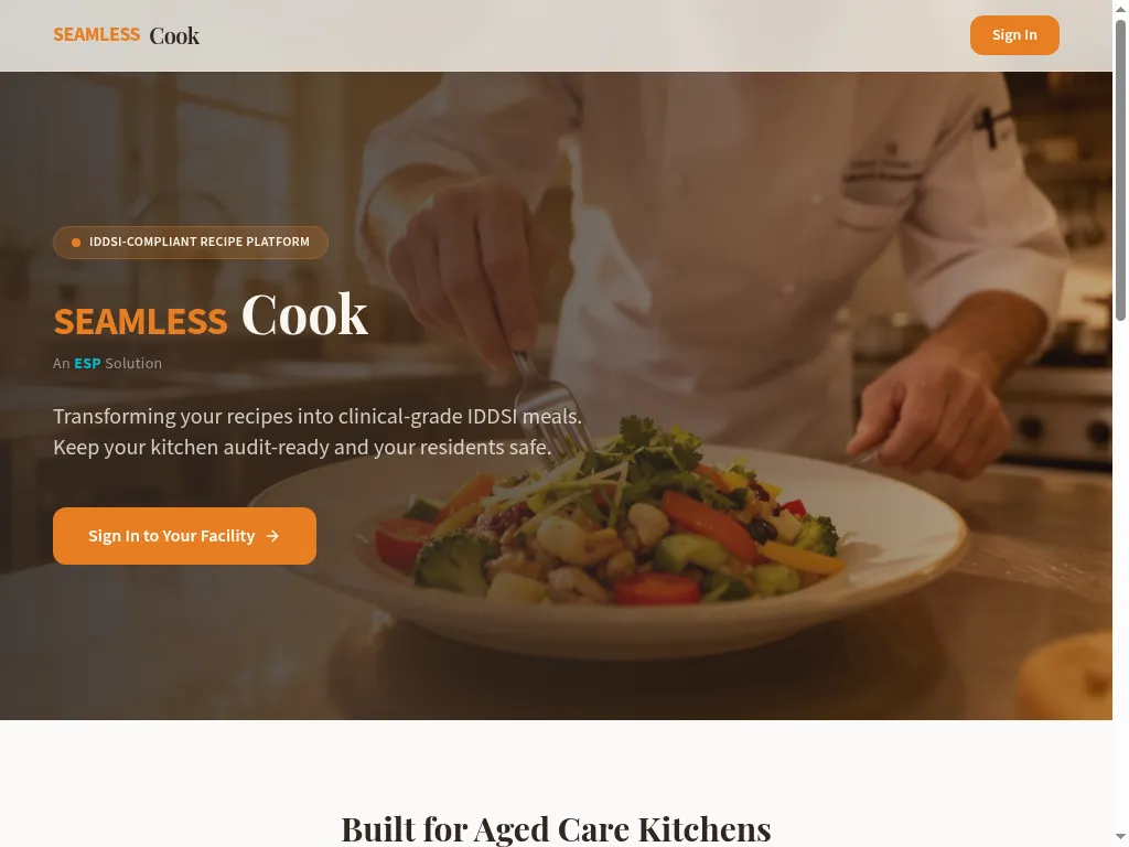 Seamless Cook homepage — IDDSI-compliant recipe platform for aged care kitchens