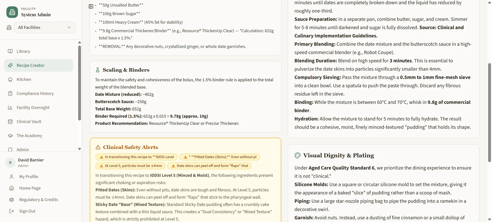 Recipe Creator — scaling, binders, clinical safety alerts and visual dignity guidance