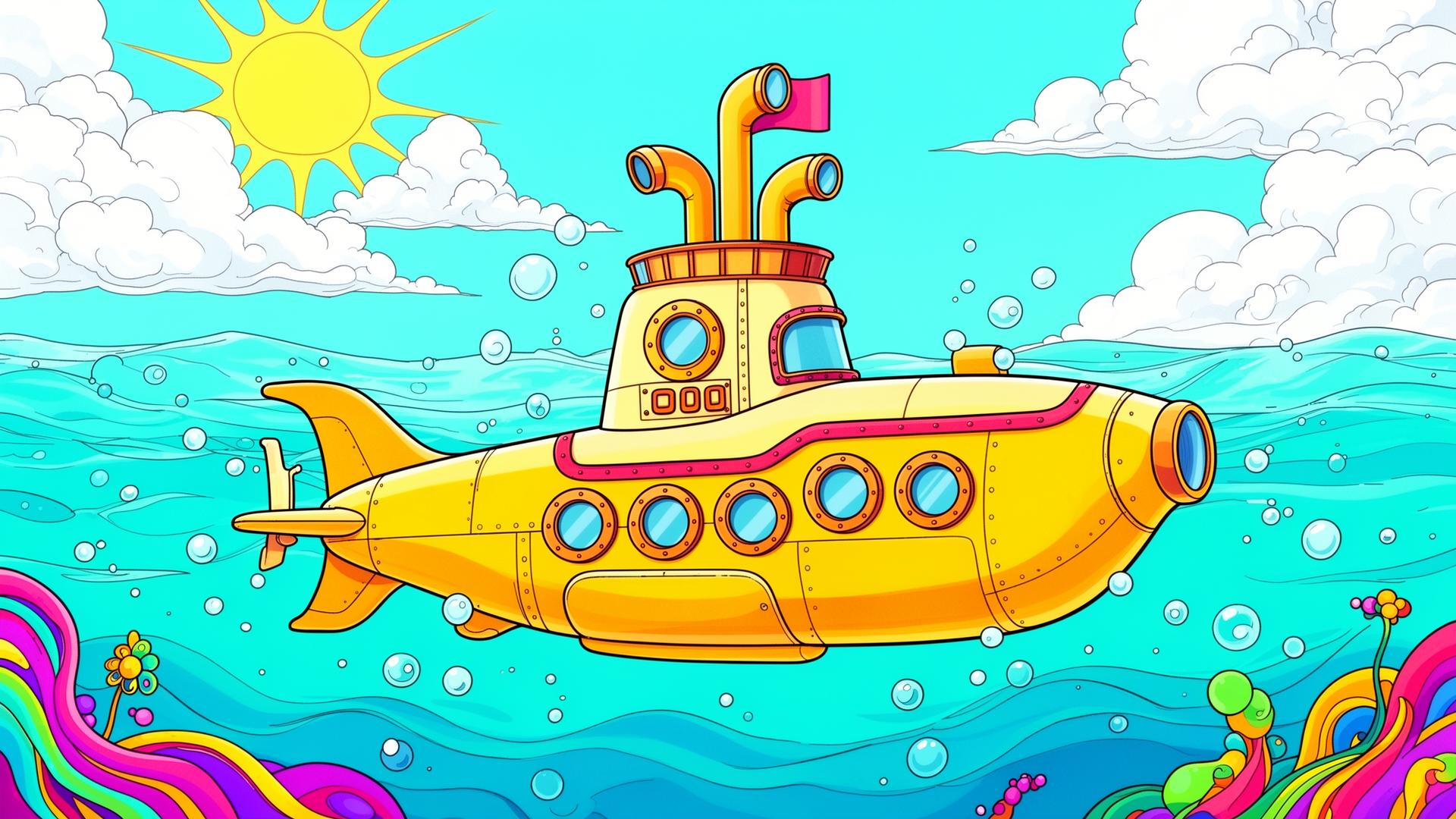 Whimsical illustration of a yellow submarine sailing through bright turquoise waters